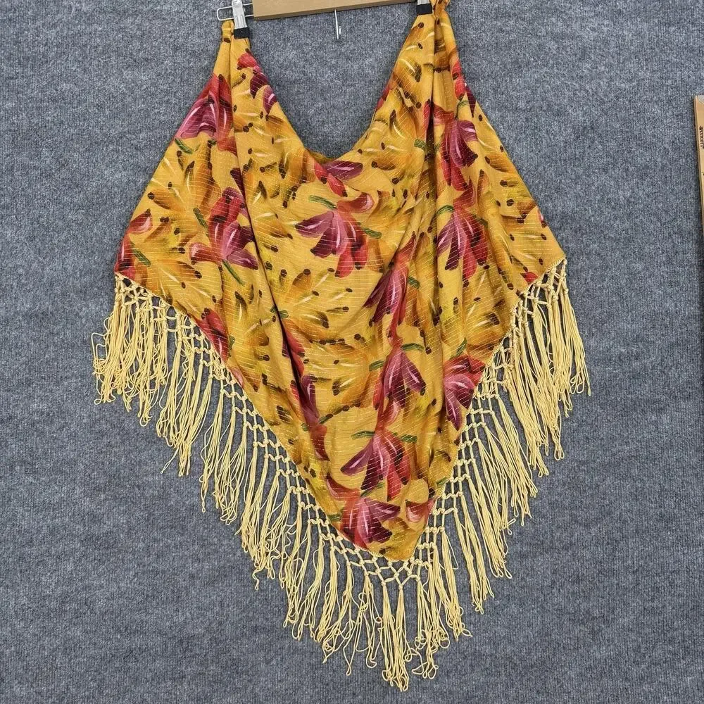 Farm Rio Wrap Shawl Coverup Sarong One Size Yellow Floral Stripe Fringe Boho